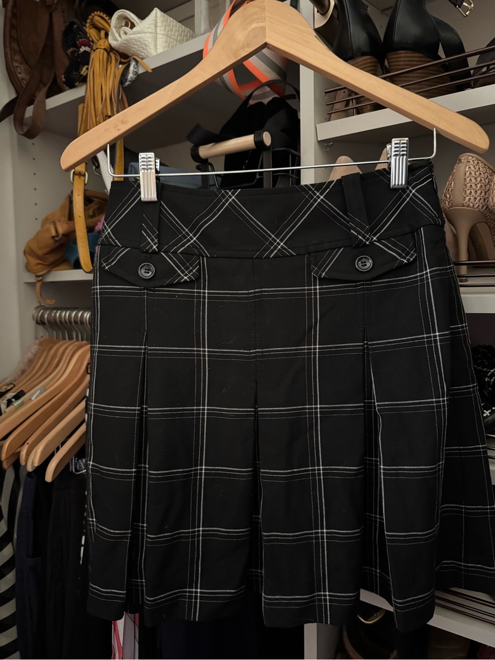 LOFT Black Windowpane Pleated A-Line Skirt